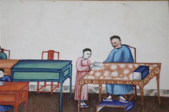 A 19th century Chinese gouache on pith paper, study of a school room 19 x 32cm
